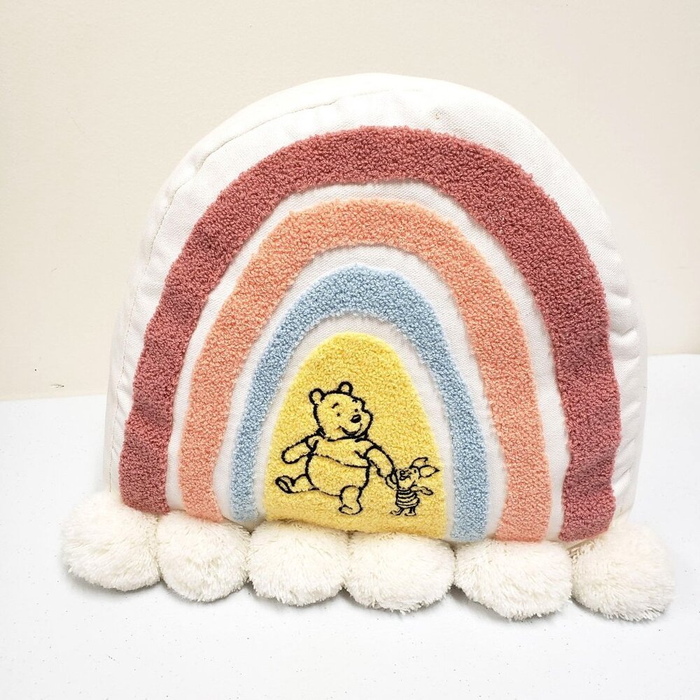 Disney Store Winnie the Pooh Piglet Rainbow Pillow Cushion Pom Poms